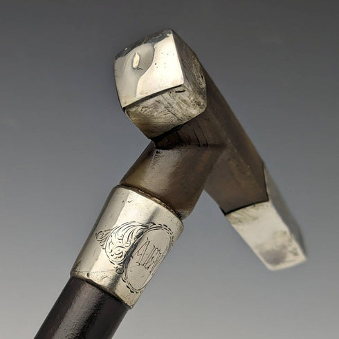 British Antique Men's Bamboo Stick Cane Sterling Silver Decoration Horn Clutch Handle 91cm